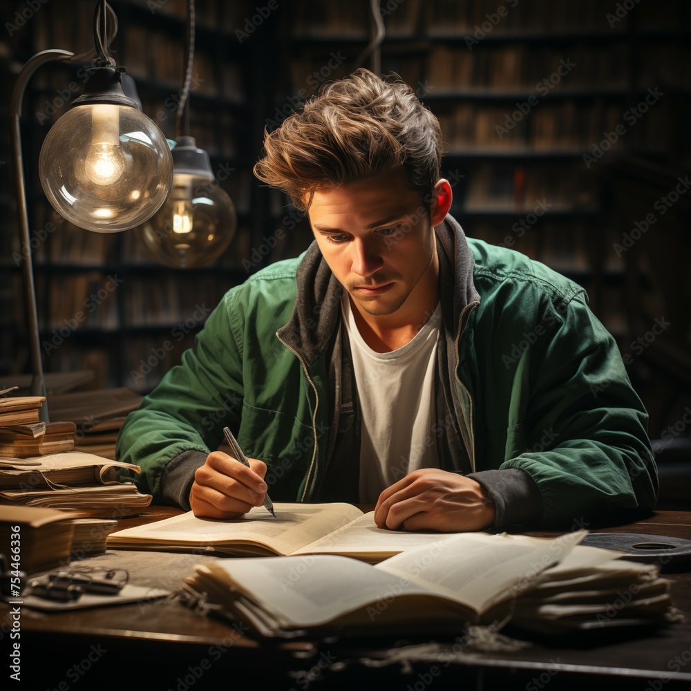 Students prepare for exams on blurred books background