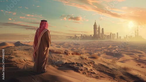 A proud Saudi man looking proudly at Riyadh city