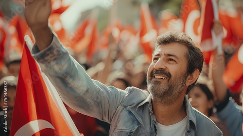 Turkish people celebrating and holding Turkey flags