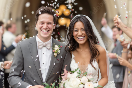 Pareja de hombre y mujer recién casados saliendo sonrientes de una iglesia, ella con vestido blanco de tirantes, velo y ramo  y el traje gris con pajarita , con invitados lanzando confetti de colores photo