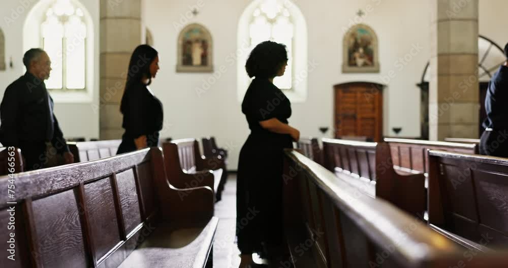 Grief, family and widow in wheelchair at funeral together for memorial service at church for respect, support and comfort. Death, chapel and sad men and women with memory, loss and spiritual farewell