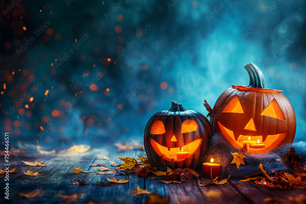 Background for halloween display with carved pumpkins and lit candles on a rustic wooden floor. - obrazy, fototapety, plakaty 