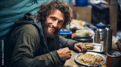 Homeless bearded man getting food. Poor and homeless individuals of all races are fed by the non-profit organization at a food drive. photo