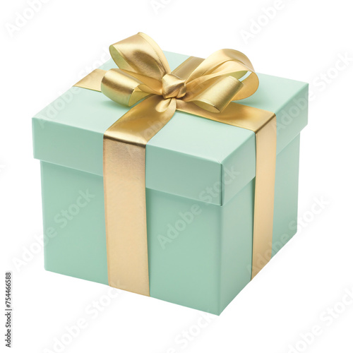 Mint green square gift box with a gold ribbon on an isolated background