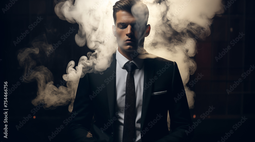 Amidst billowing smoke in a dimly lit studio, a sleek businessman clad in a meticulously tailored suit stands with confidence. Amidst billowing smoke in a dimly lit studio, a sleek businessman clad in a meticulously tailored suit stands with confidence.