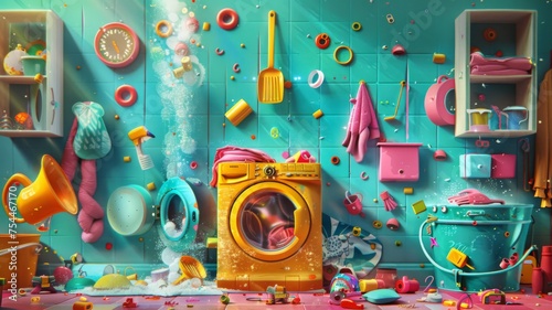 Colorful laundry room chaos in 3D - A whimsical 3D image depicting a wildly messy laundry room with vibrant colors