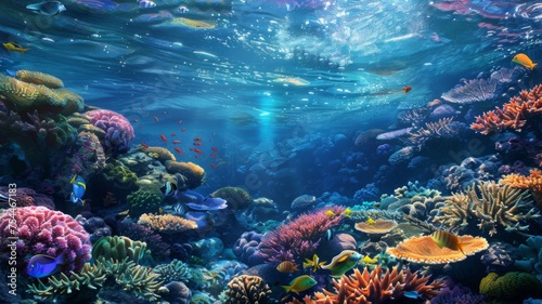 Colorful reef with variety marine species - A beautiful underwater scene illustrating the diversity of life in a coral reef with fish swimming among the corals
