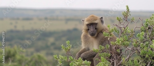  a monkey sitting on top of a tree next to a lush green forest filled with lots of trees and bushes.