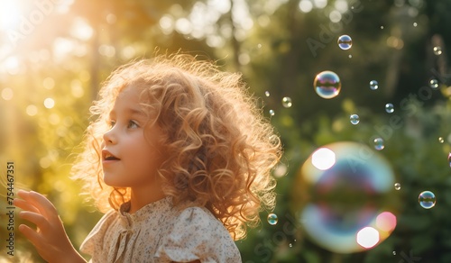 beautiful girl, cute little girl blowing soap bubbles, sunlight, summer, wind in her hair
