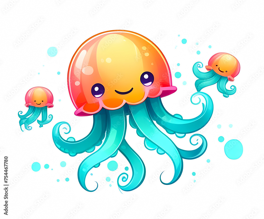 Fototapeta premium cute cartoon jellyfish with a smile on a white background