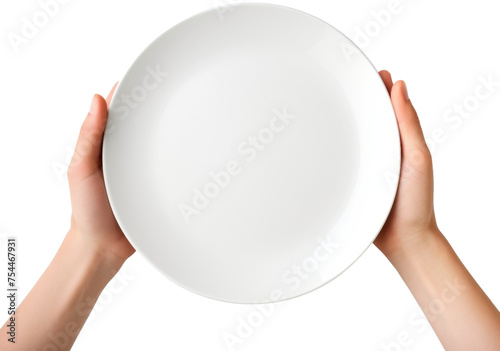 Hands holding a plain white plate, set against a simple and clean background, focusing solely on the hands and the plate, cut out transparent isolated on white background ,PNG file.