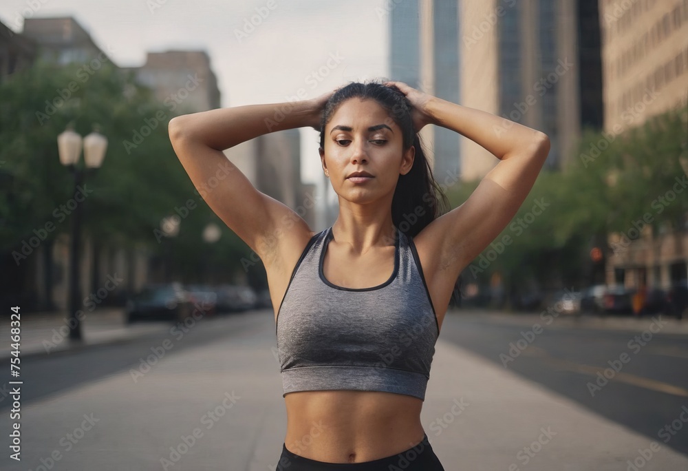 An attractive beautiful woman in sportswear, doing sports on the city streets. A fit woman jogging outdoors. Morning workout. The concept of a healthy and active lifestyle.