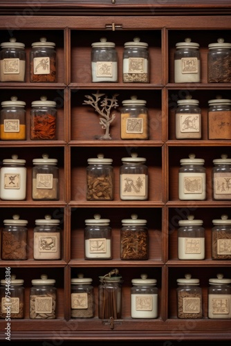 A collection of jars and spices neatly arranged on a wooden shelf. Perfect for culinary and kitchen-related projects