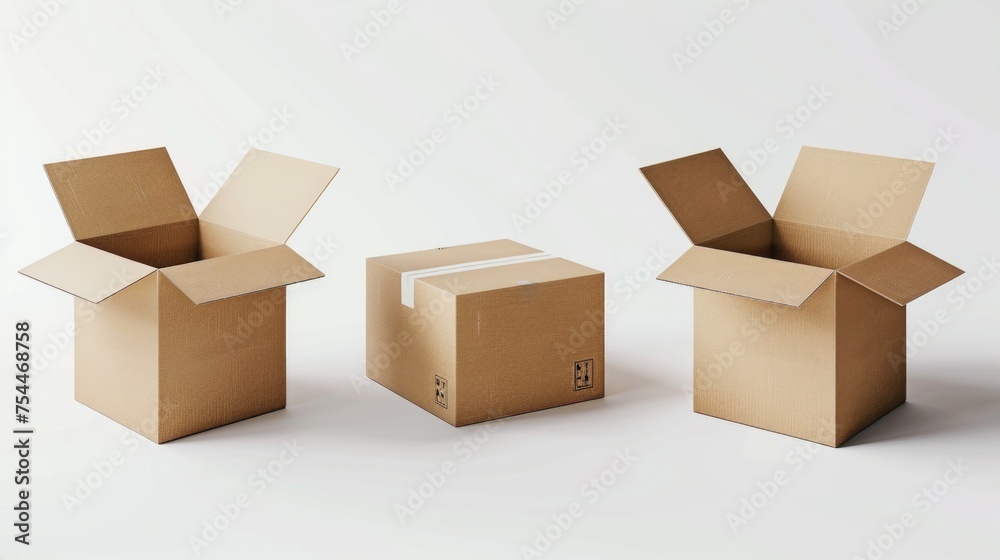 Fototapeta premium Three open cardboard boxes sitting next to each other. Perfect for illustrating storage or moving concepts