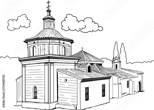 Ilustración vectorial de iglesia. Dibujo iglesia a una tinta.