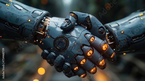 A futuristic robot extends its metallic hand, adorned with glowing lights, to shake hands with a biker on an outdoor adventure, their leather-clad attire mirroring the sleek design of their bicycle