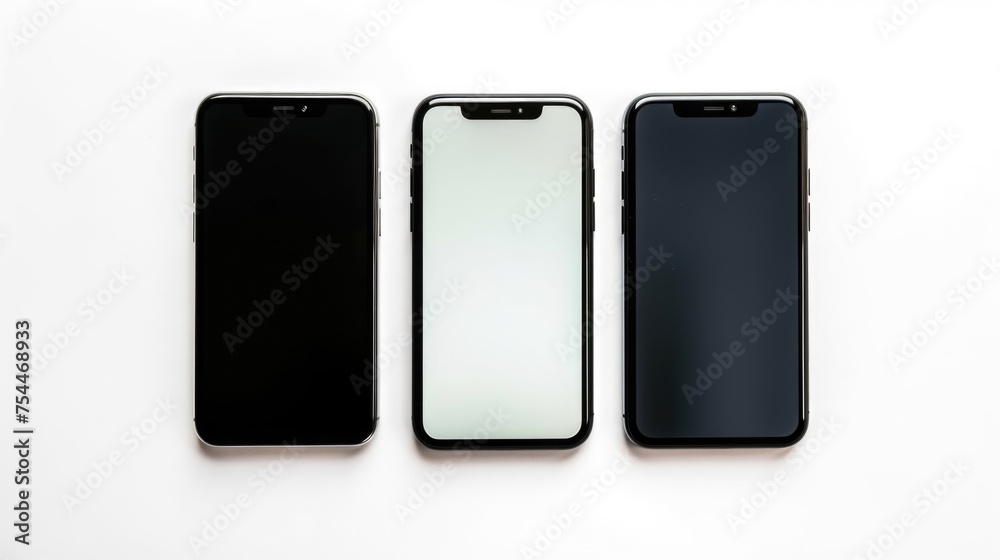 Three black and white Phones sitting side by side. Ideal for technology and communication concepts Three black and white Phones sitting side by side. Ideal for technology and communication concepts
