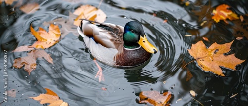  a duck floating on top of a body of water surrounded by leaf covered ground next to a forest filled with orange and yellow leaves.