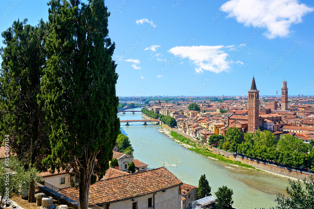 View over the beautiful city of Verona with cypress trees, Italy
