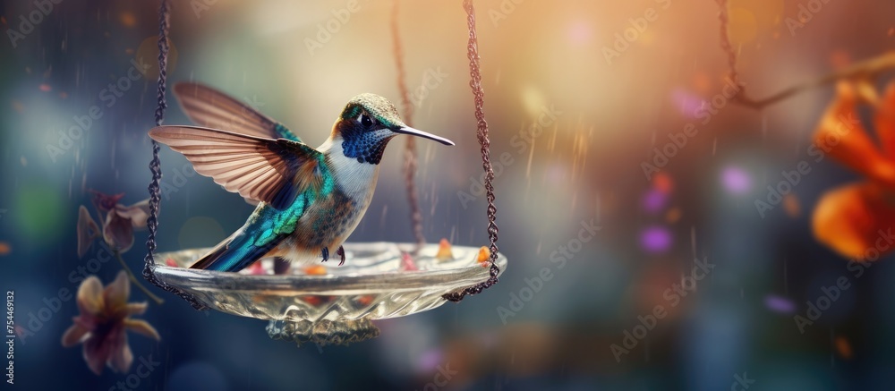 Fototapeta premium A small hummingbird is seen sitting on a bird feeder, amidst raindrops, in a close-up shot. The blurred background adds depth to the image.