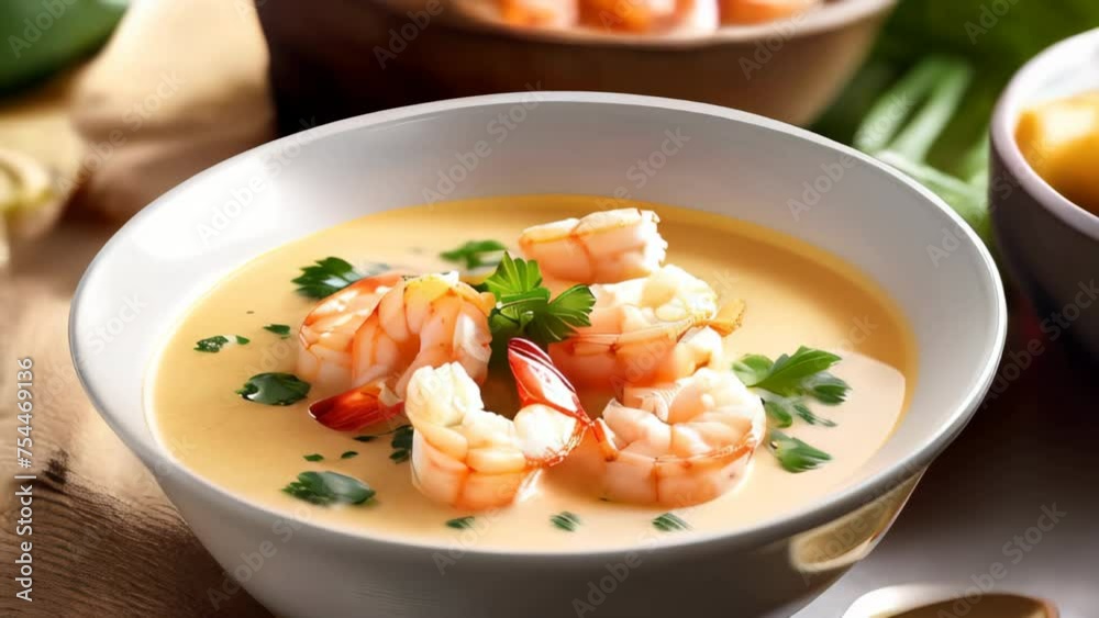 Tom Yam kung spicy Thai soup with prawn and coconut milk. Traditional asian spicy coconut milk soup. Cream soup. Coconut Shrimp Soup.