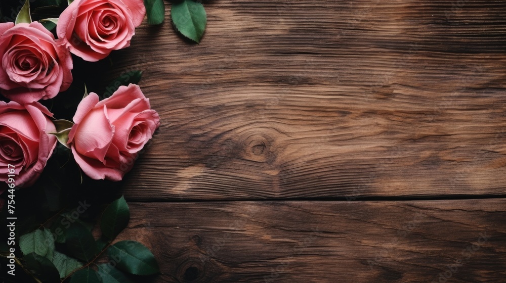 A bunch of pink roses on a wooden table. Ideal for floral arrangements