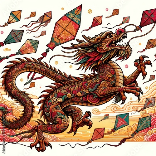 Dragon Frolicking with Kites: An animated dragon frolics among colorful kites, a spirited representation of leisure and playfulness in Chinese iconography.