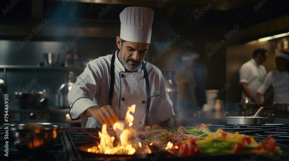 Chef preparing food on a grill in a kitchen, perfect for culinary concepts Chef preparing food on a grill in a kitchen, perfect for culinary concepts