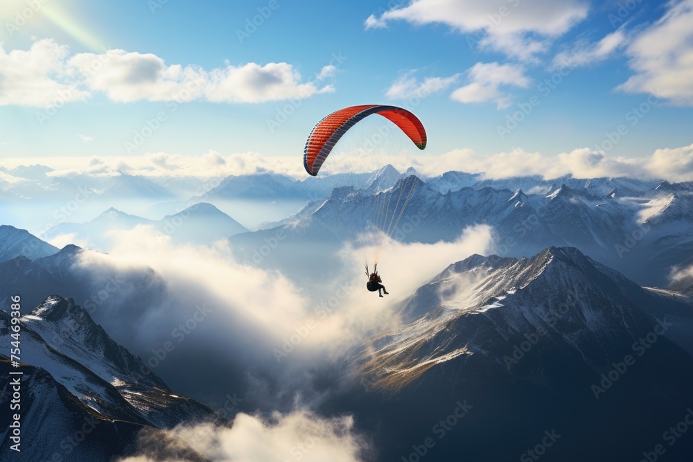 A person paragliding with a parachute in the mountains. Perfect for outdoor sports and adventure concepts A person paragliding with a parachute in the mountains. Perfect for outdoor sports and adventure concepts