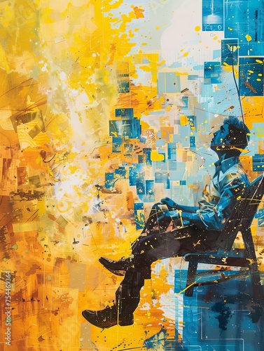 A man depicted in a chair through tints and shades of electric blue