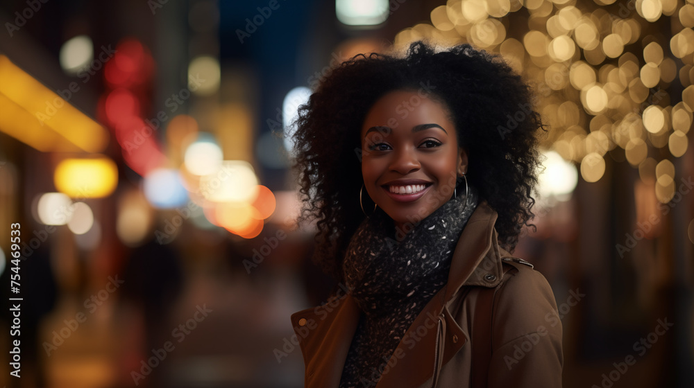 The glow of city lights casts a warm hue over the scene, highlighting the woman's joyful expression as she takes in the quiet surroundings. The glow of city lights casts a warm hue over the scene, highlighting the woman's joyful expression as she takes in the quiet surroundings.