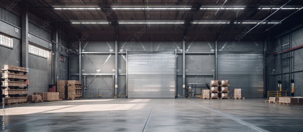 An interior view of an empty warehouse with stacks of pallets and boxes scattered throughout. The shutter doors are opened, allowing natural light to illuminate the space. - obrazy, fototapety, plakaty 