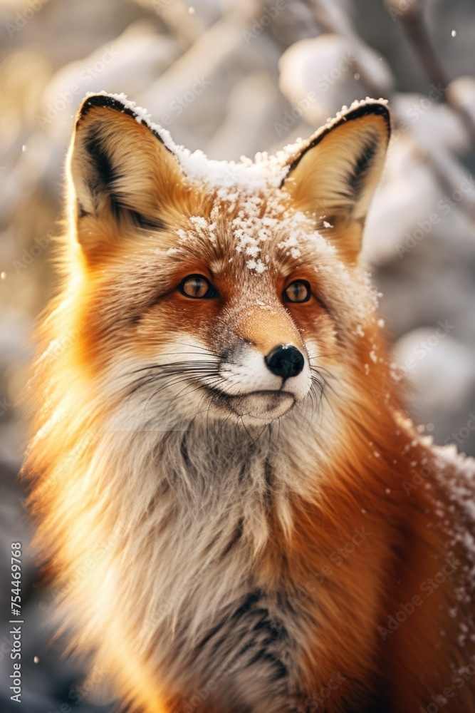 A close up of a red fox in the snow, suitable for nature or wildlife themes