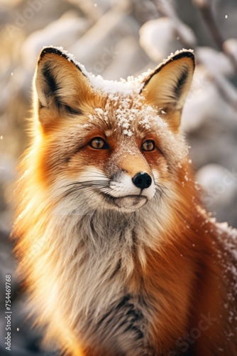 A close up of a red fox in the snow, suitable for nature or wildlife themes © Fotograf