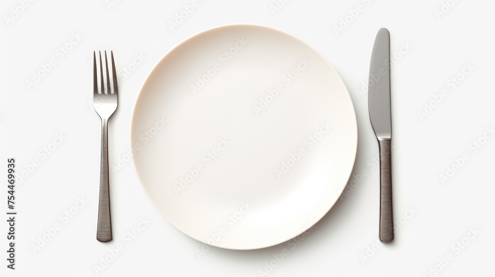 A simple white plate with a fork and knife. Perfect for food and dining concepts A simple white plate with a fork and knife. Perfect for food and dining concepts