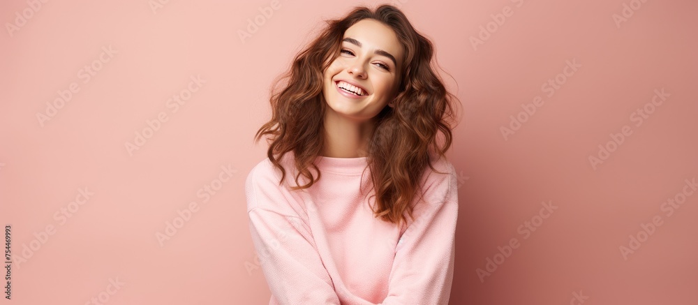 A happy young woman in casual clothes is posing in front of a pink wall. She stands confidently, looking directly at the camera with a relaxed expression.