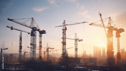 City skyline with construction cranes, ideal for urban development projects photo