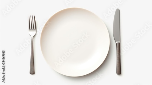 A simple white plate with a fork and knife. Perfect for food and dining concepts