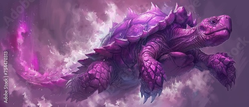  a painting of a purple sea turtle floating in the air with clouds and stars in the sky in the background.