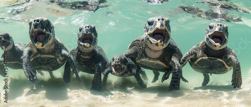  a group of turtles in the water with their mouths open and their mouths wide open and their mouths wide open.