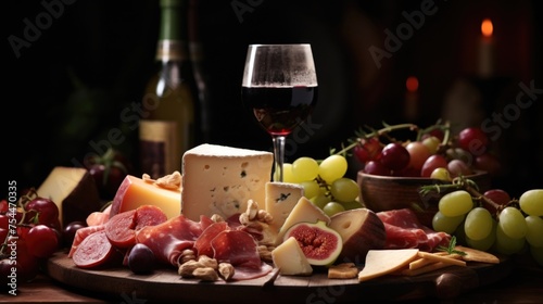 A plate of cheese, grapes, nuts, and a glass of wine. Perfect for food and beverage concepts