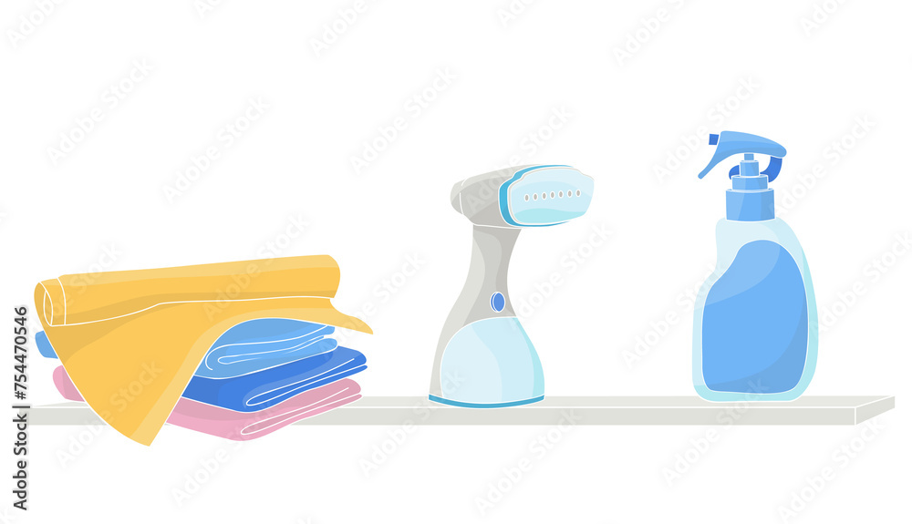 hand steamer, clean laundry and detergent on the shelf hand steamer, clean laundry and detergent on the shelf