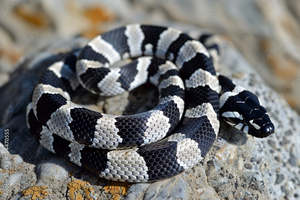 Obraz premium California king snake in black and white stripes curled on a rocky surface
