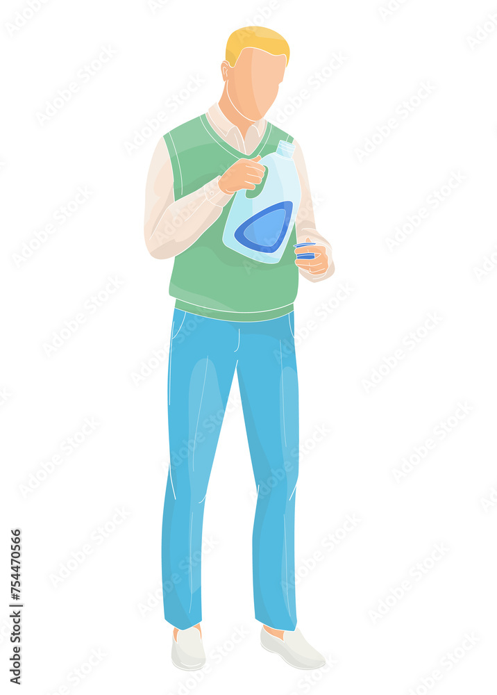 man pouring laundry detergent from bottle into cap man pouring laundry detergent from bottle into cap