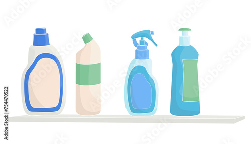 plastic bottles with detergents on the shelf	
