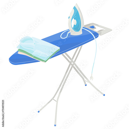ironing board with iron and clean shirts	