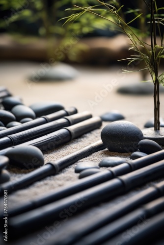 Sticks on a table next to a plant, suitable for various concepts