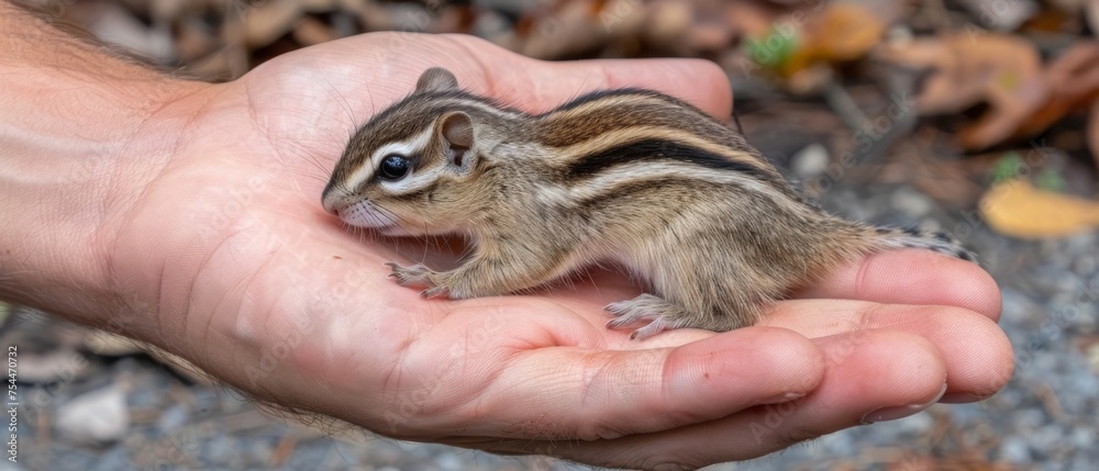 a small chipper chipper sitting on top of a person's hand next to a pile of leaves. a small chipper chipper sitting on top of a person's hand next to a pile of leaves.