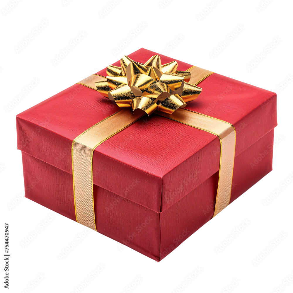 A red square shaped gift box with a lid wrapped by a golden ribbon and a floral bow on an isolated background A red square shaped gift box with a lid wrapped by a golden ribbon and a floral bow on an isolated background