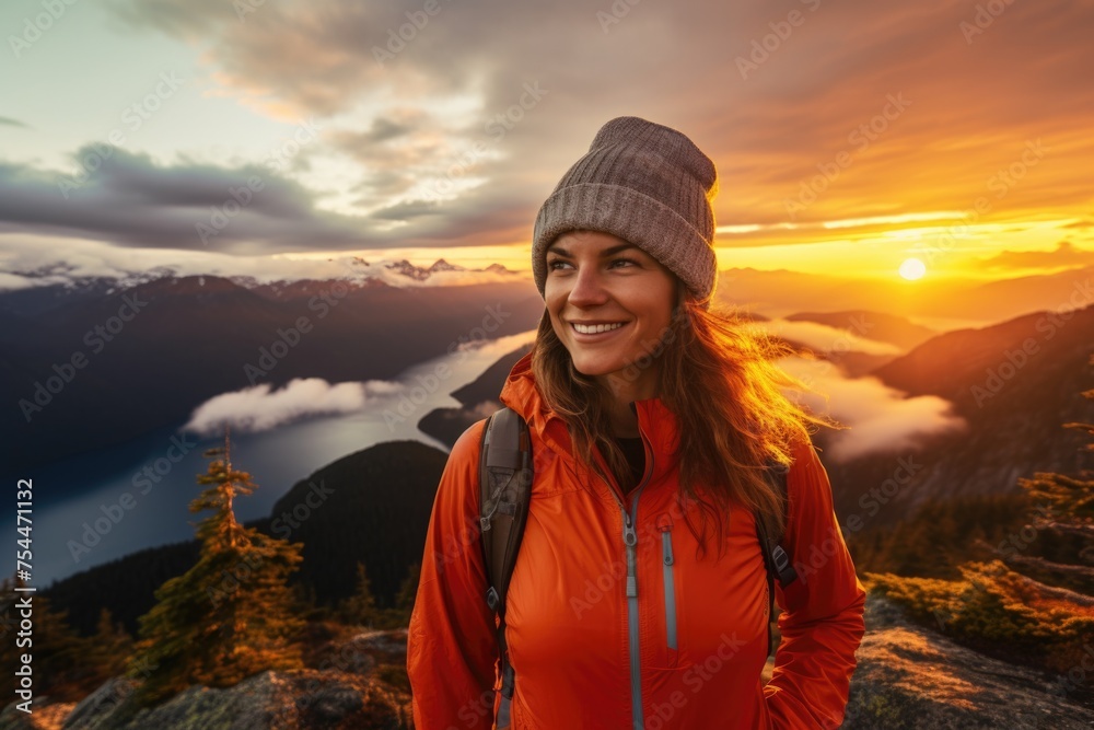 A woman standing on top of a mountain at sunset. Ideal for travel and adventure concepts